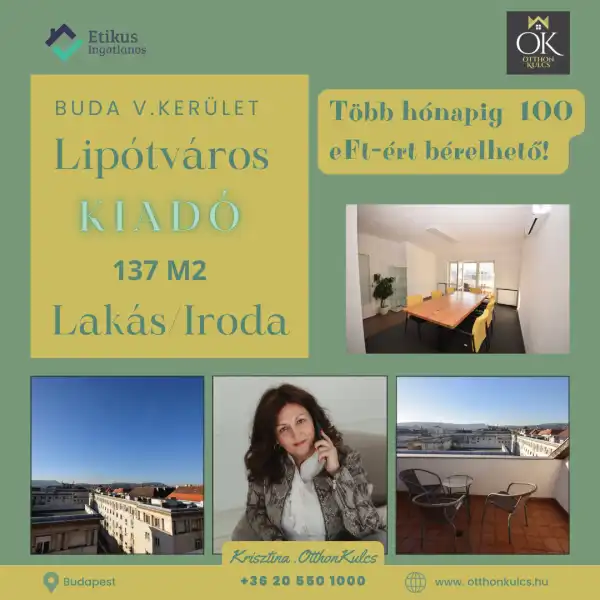 Kiadó téglalakás, Budapest, V. kerület 5 szoba 137 m² 560 E Ft/hó